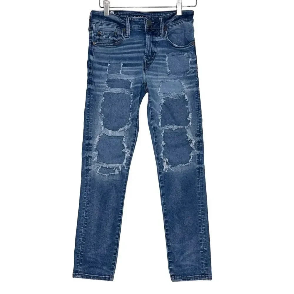 American Eagle Airflex 360‎ 28x28 jeans blue distress grunge skinny patchwork